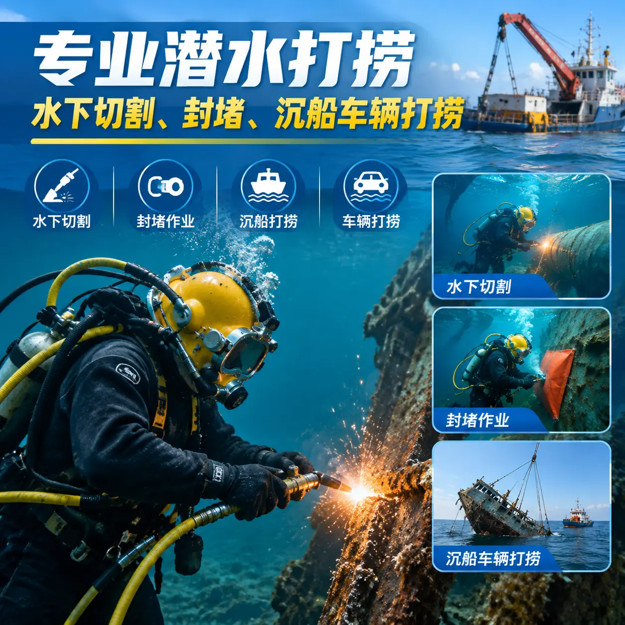 专业潜水打捞｜水下切割、封堵、沉船车辆打捞雁峰